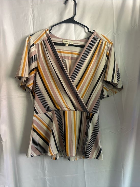 Faith and Joy Tops - Faith and Joy Striped Wrap Peplum Top in Cream, Blush & Mustard